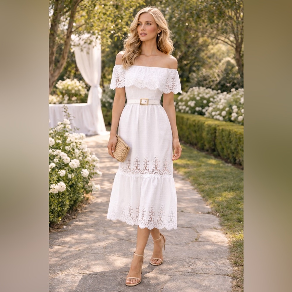Miguelina White Linen Lace Off-Shoulder Dress | $785 Retail | Resort Bridal